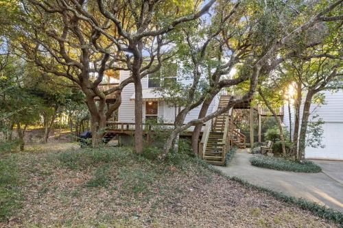 a house with a wooden staircase in the middle of trees at Dogwood Treehouse home in Pine Knoll Shores
