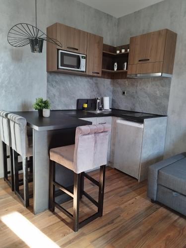 a kitchen with a table with chairs and a microwave at Apartmani ZAT in Soko Banja
