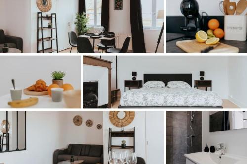 a collage of photos of a bedroom and a living room at NEPTUNE - Appartement Moderne & élégant in Saint-Étienne