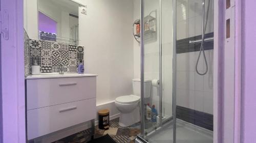 uma casa de banho com um WC e uma cabina de duche em vidro. em Le cocon du Nil jolie studio em Douai