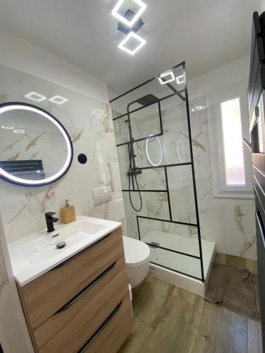 une salle de bain avec un lavabo et un miroir et des toilettes dans l'établissement CARQUEIRANNE STUDIO DE CHARME PROCHE PLAGES, à Carqueiranne