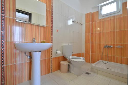 レプトカリヤにあるAkrothalassiaのバスルーム(洗面台、トイレ、鏡付)
