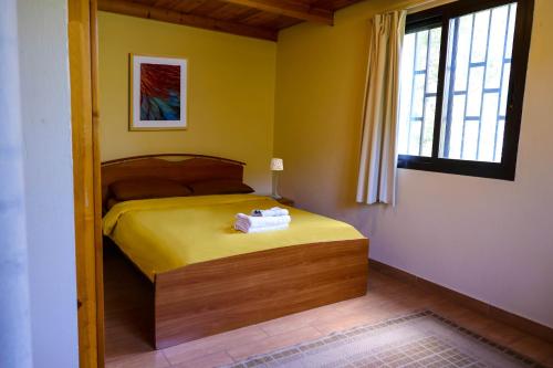 a bedroom with a bed with yellow walls and a window at Graneroverde Resort in Al Qbayyāt