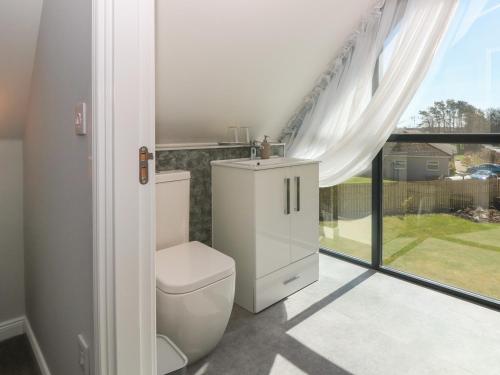 a bathroom with a toilet and a window at Woodend Croft in Ellon