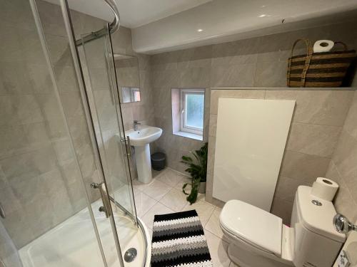 a bathroom with a shower and a toilet and a sink at Deluxe Huge Detached House with Parking, sleeps up to 30 people, 2m from Liverpool City Centre in Liverpool