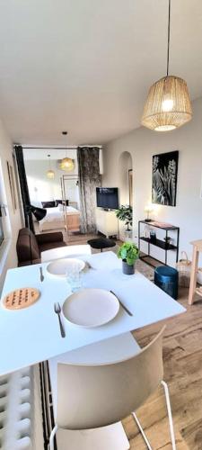 - une salle de bains avec deux lavabos dans le salon dans l'établissement Studio Chic & Garden - Parking - Wifi - TV, à Toulouse