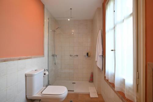 a bathroom with a white toilet and a shower at Perleas in Kambos