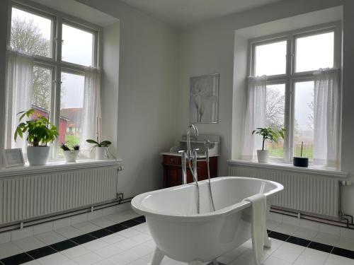 a white bath tub in a bathroom with windows at Tullesbo Sätesgård in Sjöbo