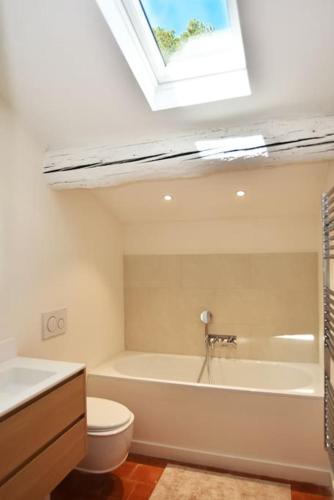 a bathroom with a white tub and a toilet and a skylight at L'Atelier Appartement au cœur du vignoble in Rognes