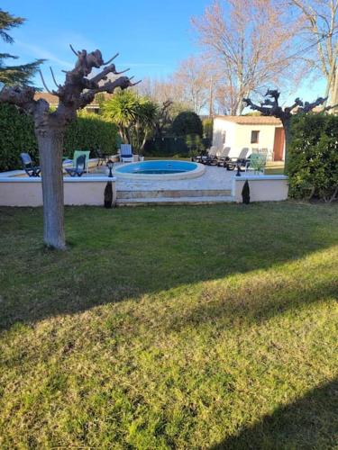 une cour avec une piscine et un arbre dans l'établissement Chez mamie, à Saint-Étienne-du-Grès