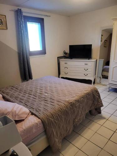 une chambre avec un lit et une commode avec une télévision dans l'établissement Chez mamie, à Saint-Étienne-du-Grès