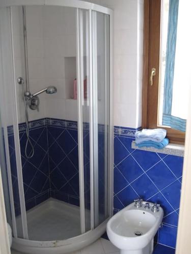 a bathroom with a shower and a toilet and a sink at Villa mit Whirlpool und phantastischer Aussicht in Capoliveri