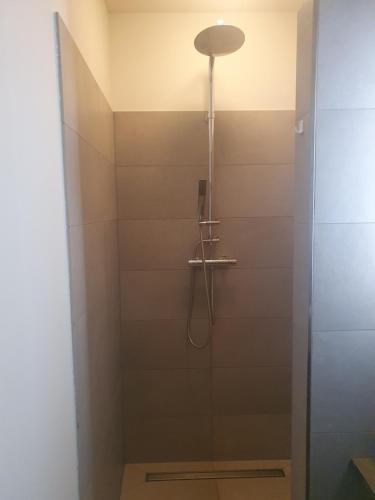 La salle de bains est pourvue d'une douche avec une porte en verre. dans l'établissement Een klein appartementje zonder keuken in het centrum Sleep at Hamtingh's, à Hilvarenbeek