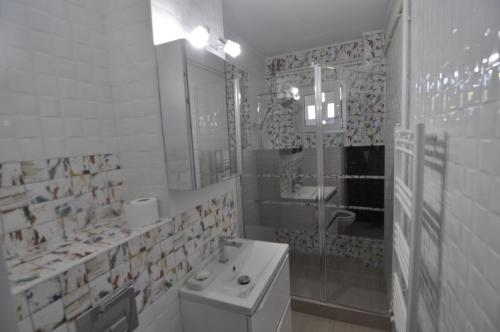 コンスタンツァにあるApartament Dobrilaの白いバスルーム(シンク、シャワー付)