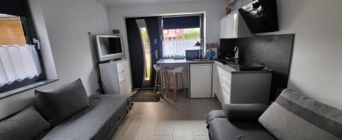 a living room with a couch and a kitchen at Pod Chmurką in Solina