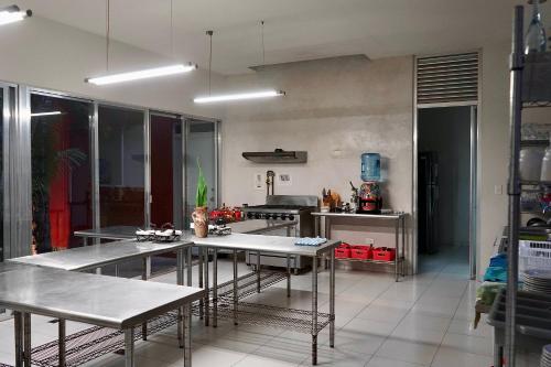 duża kuchnia ze stołami i urządzeniami ze stali nierdzewnej w obiekcie VILLA MERIDA BOUTIQUE HOTEL - Adults Only w mieście Mérida