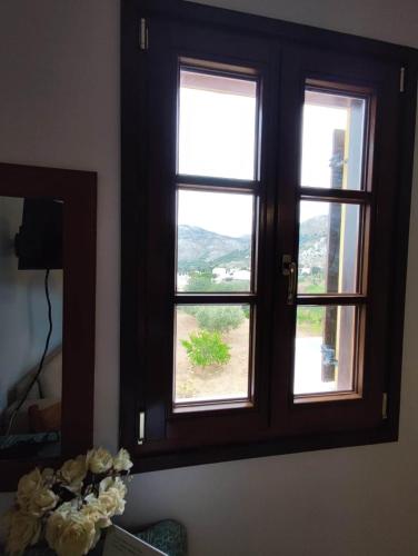a window in a room with flowers in front of it at Tilos Fantasy in Livadia