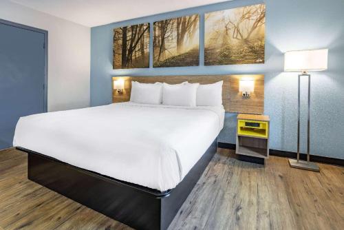 a bed in a hotel room with a large white bed at Days Inn by Wyndham Raleigh Glenwood-Crabtree in Raleigh