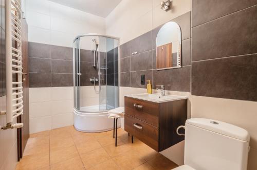 La salle de bains est pourvue de toilettes, d'une douche et d'un lavabo. dans l'établissement Domek Zieleniec, à Duszniki-Zdrój