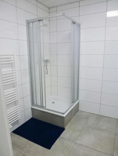 a shower with a glass door in a bathroom at PREMIUM - 24 Betten - 9 Appartements zentral in Oer-Erkenschwick - homes of ruhr in Oer-Erkenschwick
