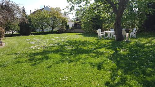 a table and chairs sitting under a tree in a yard at Bärchenhof in Priestewitz