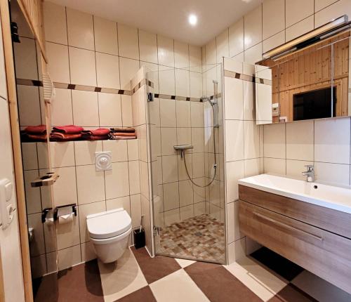 キュールングスボルンにあるFerienwohnungen "Tannenhäuser"のバスルーム(シャワー、トイレ、シンク付)