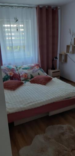 1 cama grande en un dormitorio con ventana en Apartament u Janiny, en Jeżów Sudecki