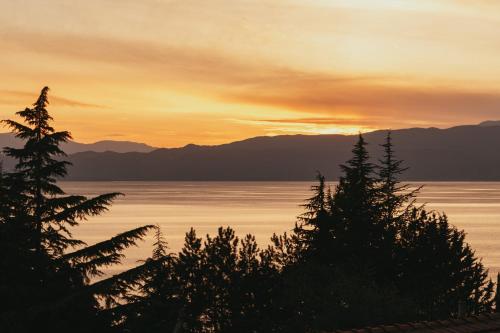 einen Sonnenuntergang über dem Wasser mit Bäumen im Vordergrund in der Unterkunft Villa Pandora in Ohrid