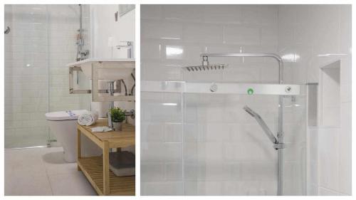 2 fotografías de un baño con ducha y aseo en Apartamentos Dimax by Toledo AP en Toledo