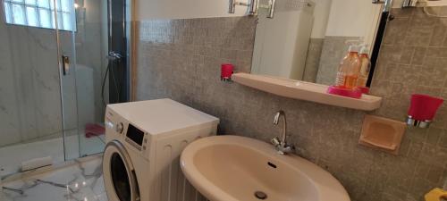 une salle de bain avec une machine à laver et un lavabo dans l'établissement Cannes located behind the Martinez Hotel at 50 meters to the Croisette, à Cannes