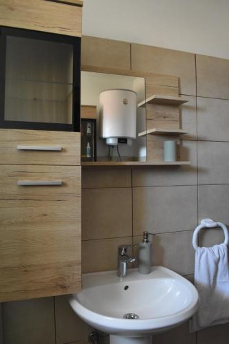a white sink in a bathroom with wooden walls at Apartmani Tomljenović in Senj