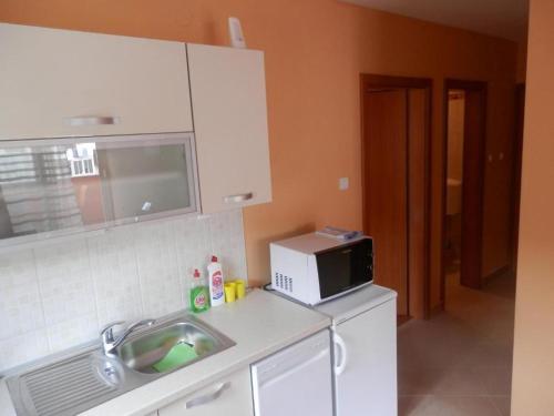 a kitchen with a sink and a microwave at Apartments St Rialto in Jelsa