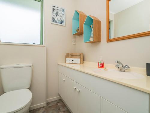 une salle de bain avec toilettes, lavabo et miroir dans l'établissement Sandy Feet Retreat - Cooks Beach Holiday Home, à Cooks Beach