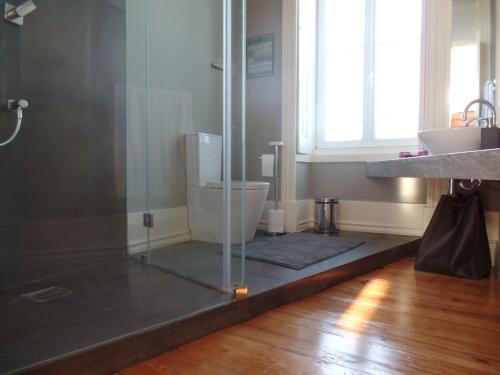 a bathroom with a glass shower with a toilet at Casa do Sino de Aveiro in Estarreja