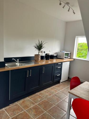 a kitchen with blue cabinets and a sink and a table at Beaufighter in Haverfordwest