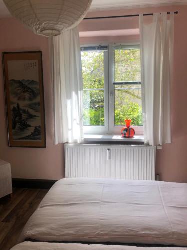 um quarto com uma cama grande e uma janela em Wohlfühloase Dresden Nickern em Dresden