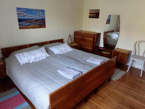 1 dormitorio con 1 cama grande y 2 almohadas en Rooms Apartma Cerknica, en Cerknica