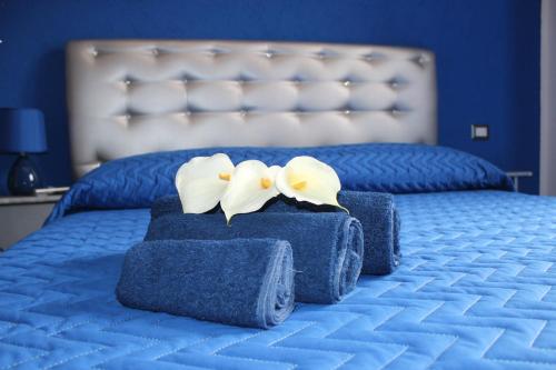 dwa białe kwiaty siedzące na niebieskim łóżku w obiekcie B&B Fontevecchia w mieście Castelsardo