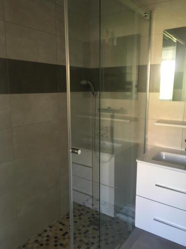 eine Dusche mit Glastür neben einem Waschbecken in der Unterkunft Appartement à Bandol in Bandol