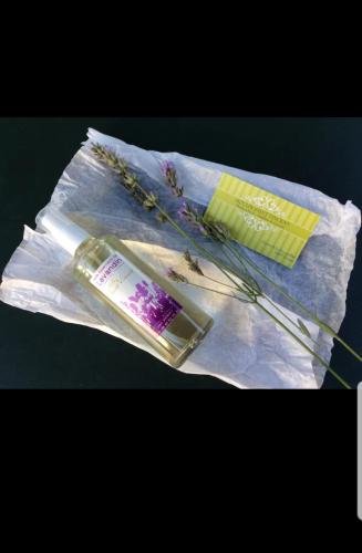 a bottle of toothpaste and some flowers on a bag at Bastide de l'Oliveraie avec Jacuzzi in Jouques