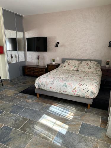 a bedroom with a bed and a flat screen tv at Studio indépendant avec piscine et jardin in LʼAbergement-Sainte-Colombe