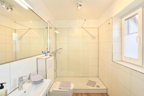 a bathroom with a shower and a toilet and a sink at Wohnung Solt in Juist