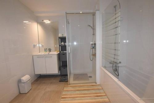 La salle de bains est pourvue d'une douche et d'un lavabo. dans l'établissement La Terrasse, 4 personnes, Terrasse, garage, à Rennes