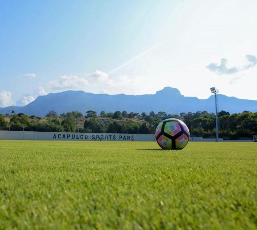 a soccer ball sitting on a soccer field at Acapulco Resort Hotel in Kérynia