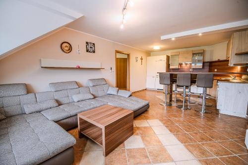 a living room with a couch and a kitchen at Apartment Rimljanček in Leskovec pri Krškem