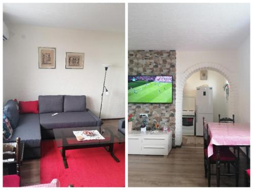 uma sala de estar com um sofá, uma mesa e uma televisão em ACUMINCUM em Stari Slankamen