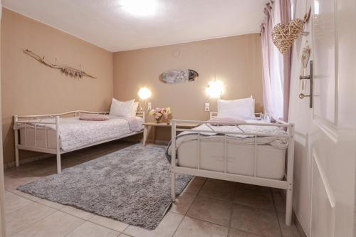 a bedroom with two beds and a rug at Rina's House in Kalabaka