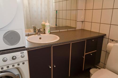eine Badezimmertheke mit einem Waschbecken und einem Spiegel in der Unterkunft Hotel Nuka in Ilulissat