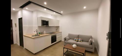 ein Wohnzimmer mit einem Sofa und einer Küche in der Unterkunft Sublime Appart- Vue Mer-Prado13008- Proche Plage Vélodrome in Marseille