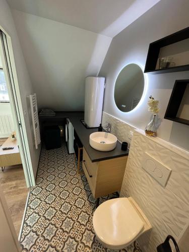 une salle de bain avec un lavabo, des toilettes et un miroir dans l'établissement STUDIO ART DECO - HYPER CENTRE LORIENT, à Lorient